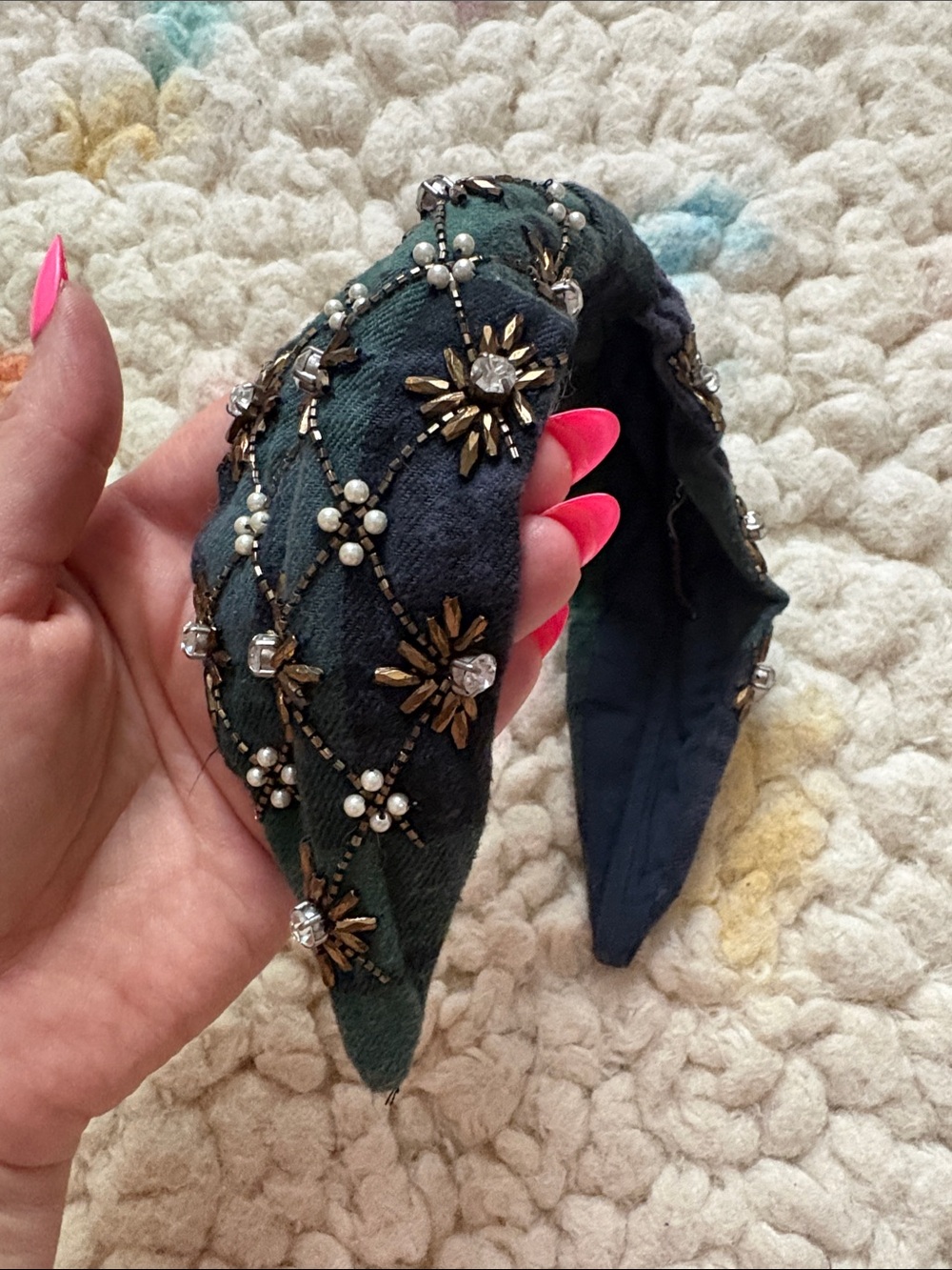 NamJosh Embellished Green Plaid Headband with Gold & Pearl Accents